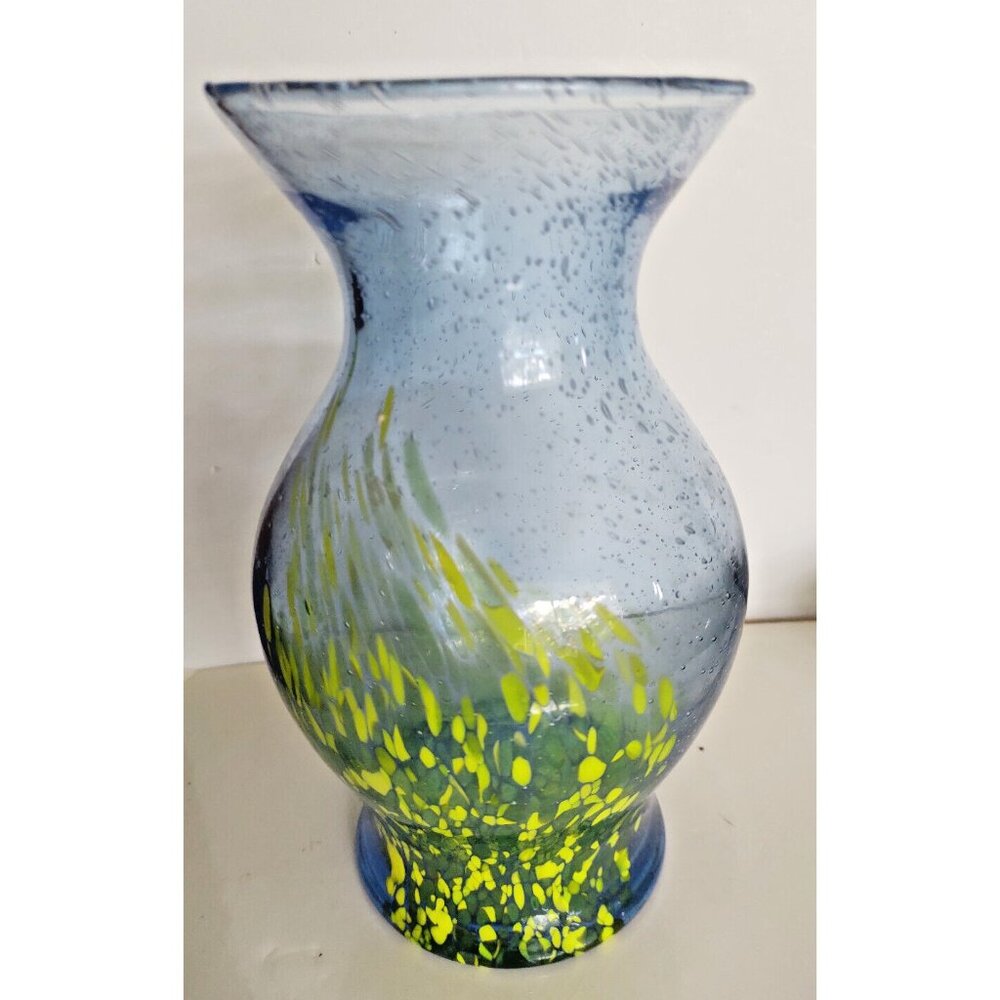 Murano Vintage Hand Blown Blue Forced Bubble Art Glass Vase Green/Yellow